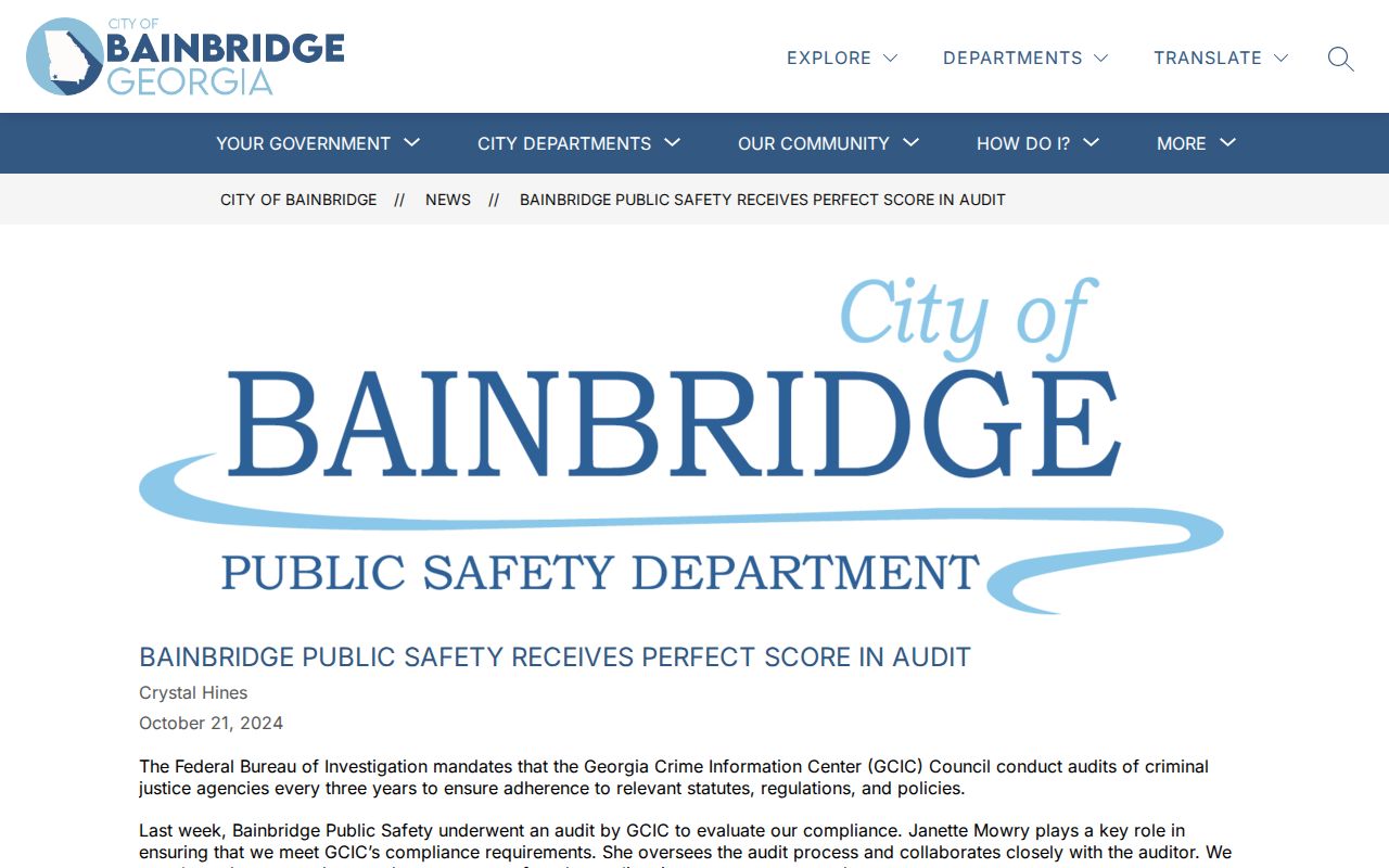Bainbridge Public Safety announcement of perfect GCIC audit score